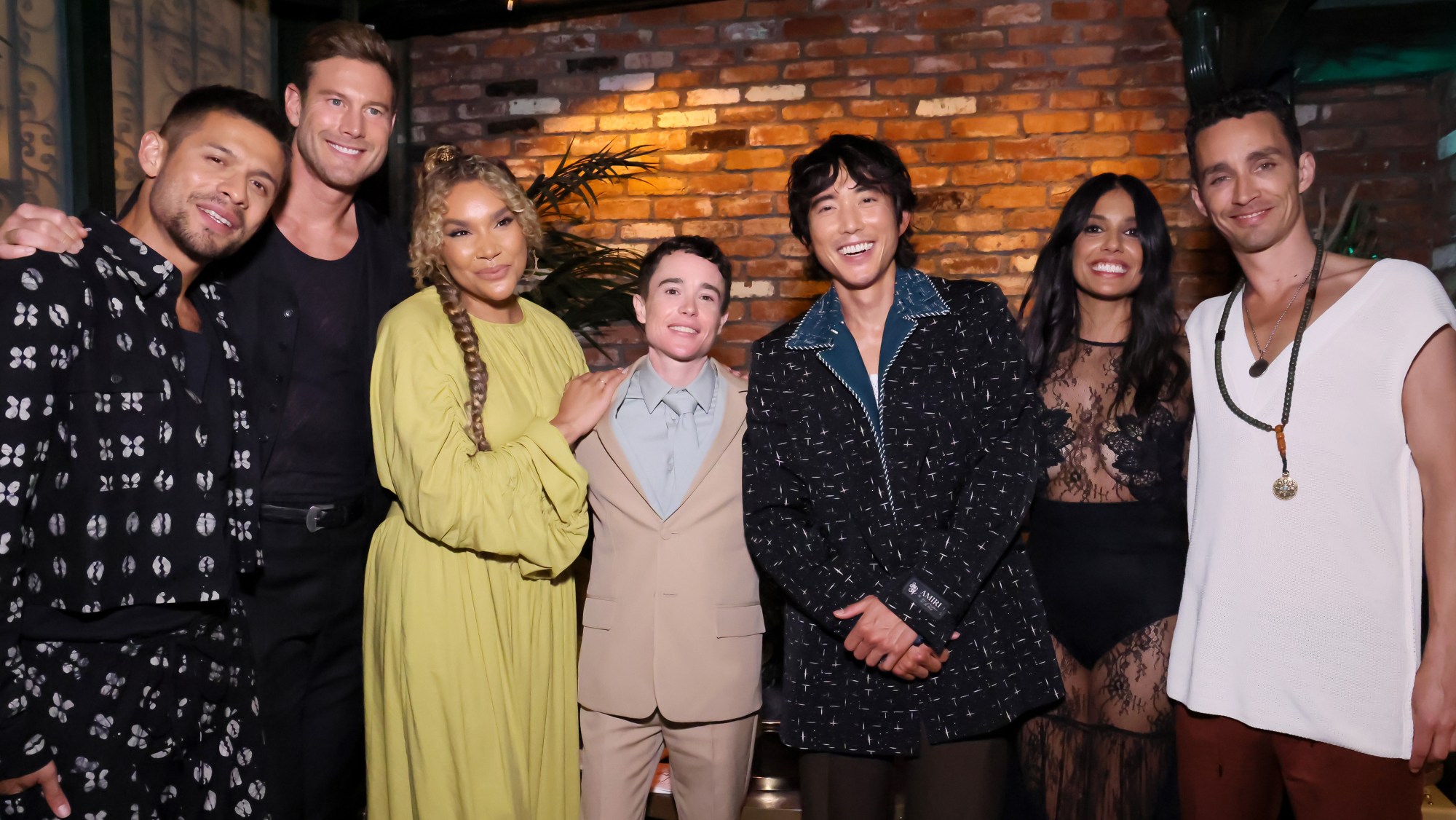 David Castañeda, Tom Hopper, Emmy Raver-Lampman, Elliot Page, Justin H. Min, Ritu Arya and Robert Sheehan attend the after party for Netflix's The Umbrella Academy season 4 Premiere Event